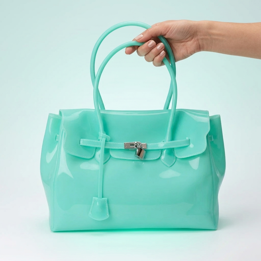 Firkin 35 Aqua Blue jelly bag, front view held by hand